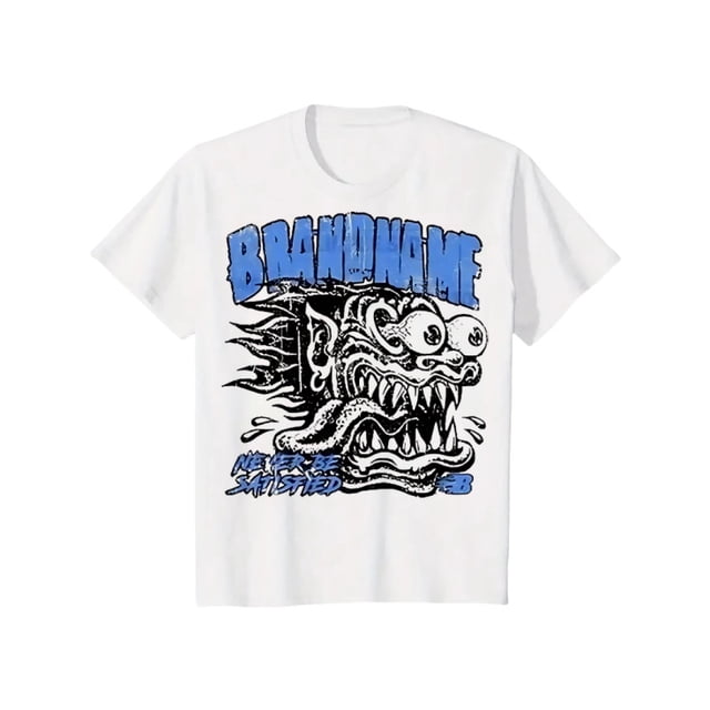 180g Heavyweight 100% Combed Cotton Men's T-Shirt - Dual-Sided Y2K Monster Graphic & Bold Text Print, Loose Fit Crew Neck Short Sleeve, Casual Streetwear for All Seasons, Casual Attire, Street St