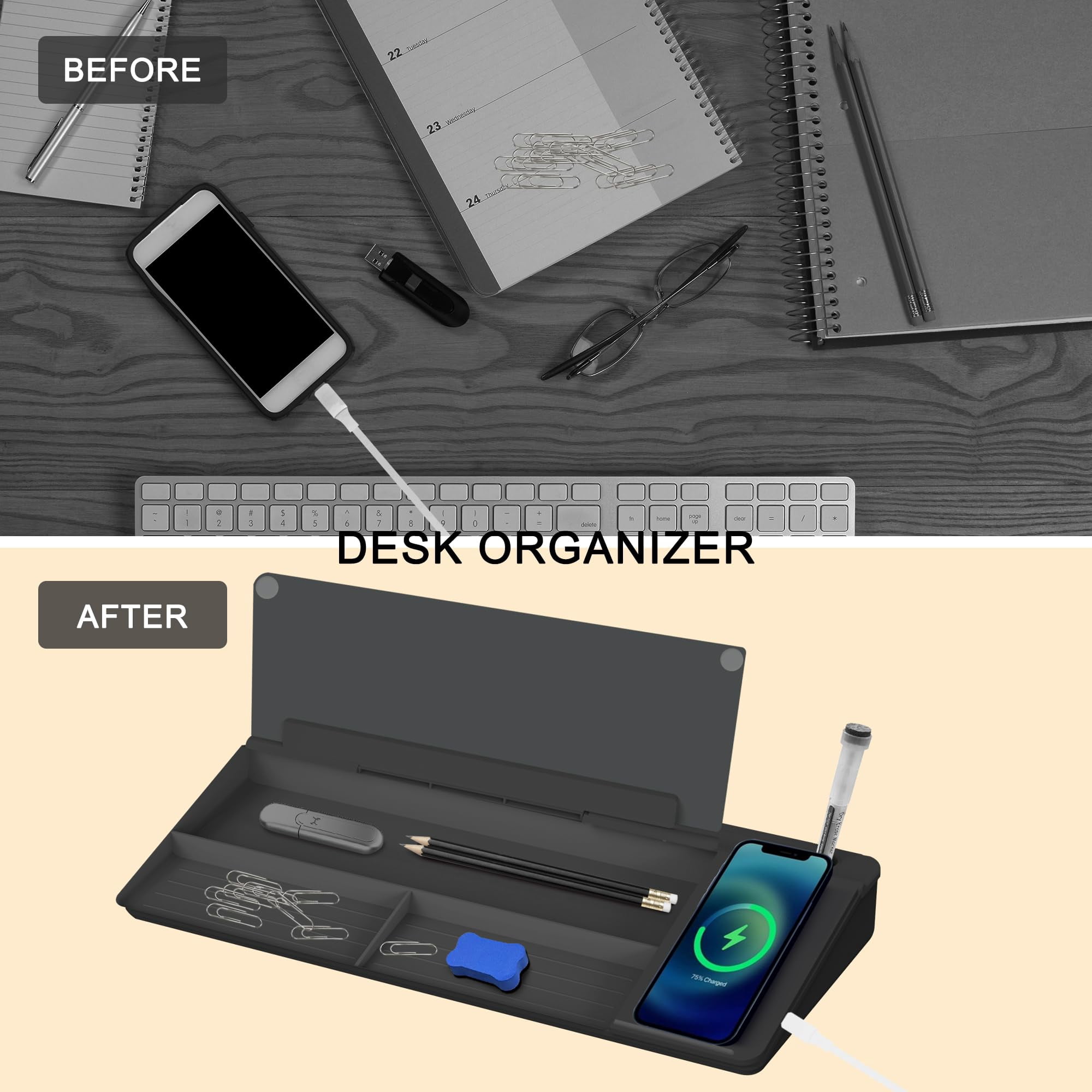 Desktop Glass Whiteboard With Wireless Station  Dry Erase Board Computer Pad Stand Organizer For Home School Office Desk Accessories Black