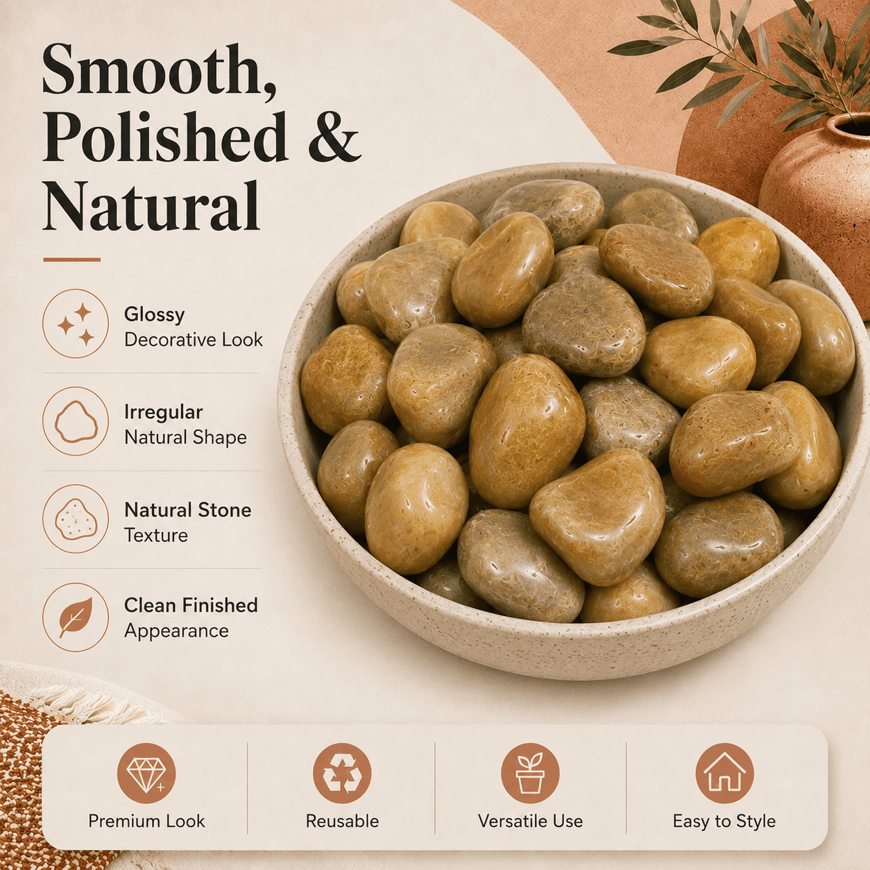 38lbs Khaki River Rocks, 2-3 inch Polished Pebbles Decorative White Stones for Indoor Outdoor Use, Perfect for Plants, Vase Fillers, Aquariums, Fish Tanks, and Garden Landscaping