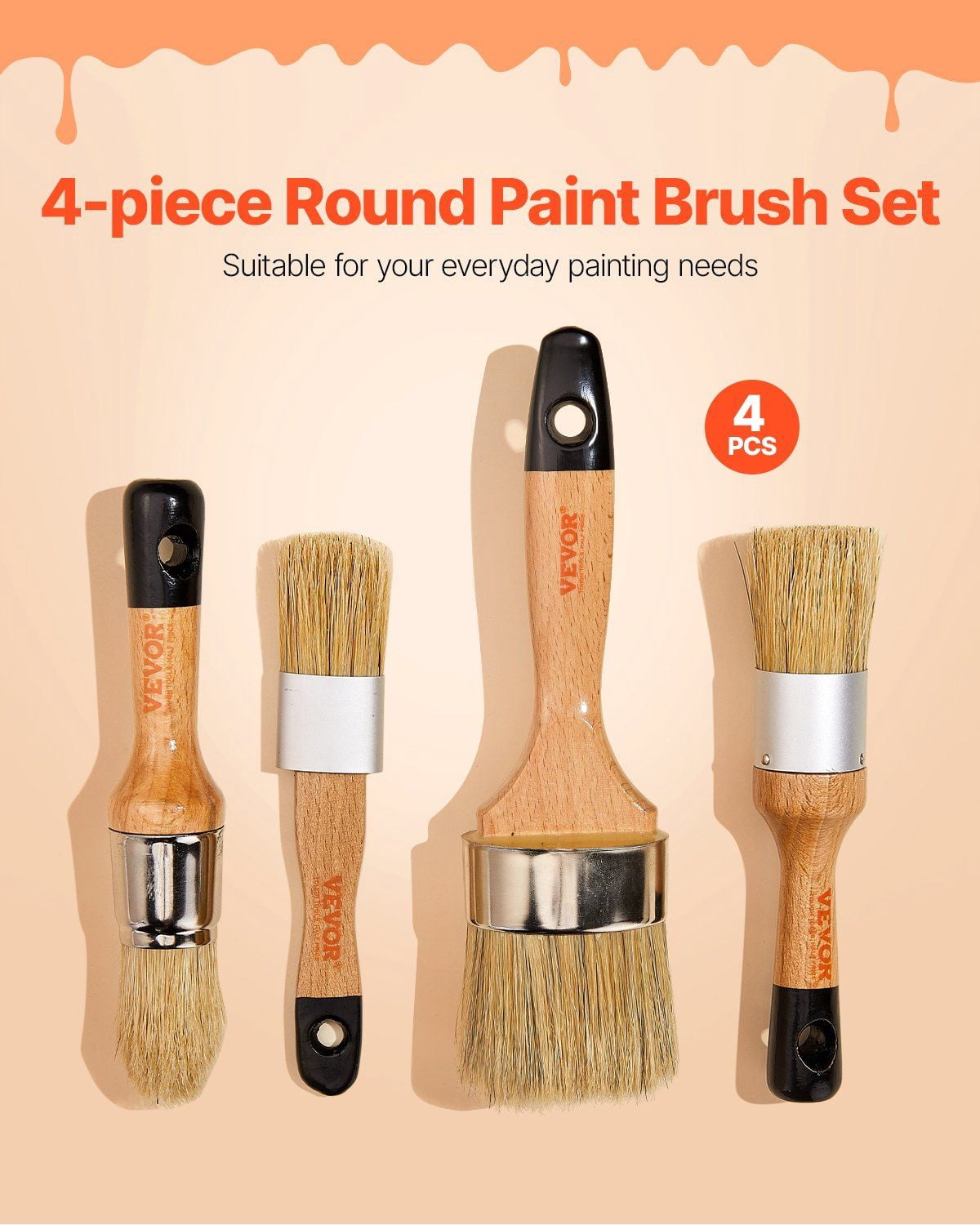 Chalk Wax Paint Brush Set 4PCS for Furniture Painting & Waxing, Natural Bristles with Wood Handle, Includes Round & Oval Brushes for Walls, Cabinets, Doors, Chalk & Wax Applications