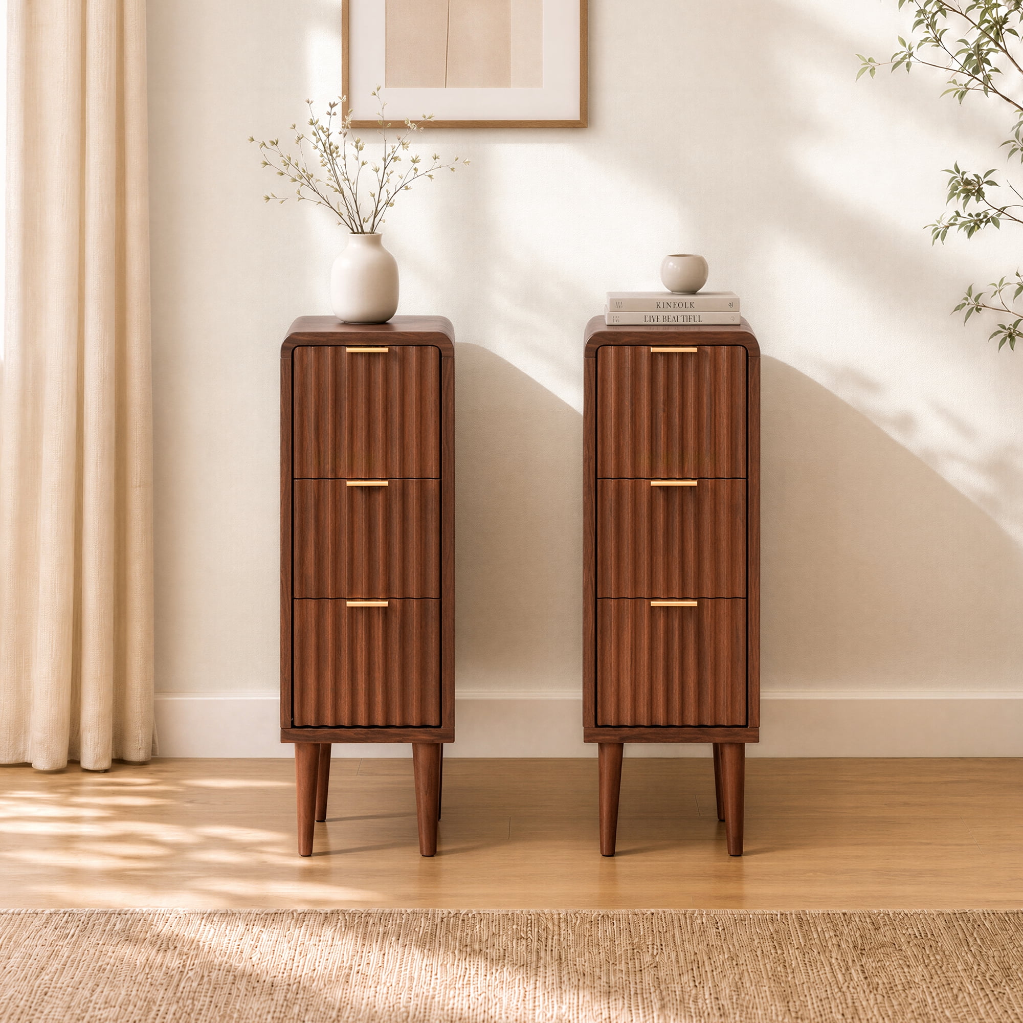Spruce & Spring Mid-Century Modern Nightstands Set of 2 with 3 Drawers for Bedroom & Small Spaces, Fluted Front, Walnut