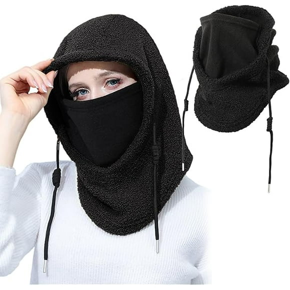 Unisex Winter Thermal Fleece Balaclava, Multifunctional Hood & Neck Warmer Scarf with Adjustable Drawstring, Face Covering Mask for Men and Women Outdoor Sports Universal Size