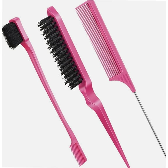 3 Pcs Slick Back Hair Brush Set Hair Brush Edge Control Brush Teasing Comb for Women Baby Kids' Black Hair (Rose Red)