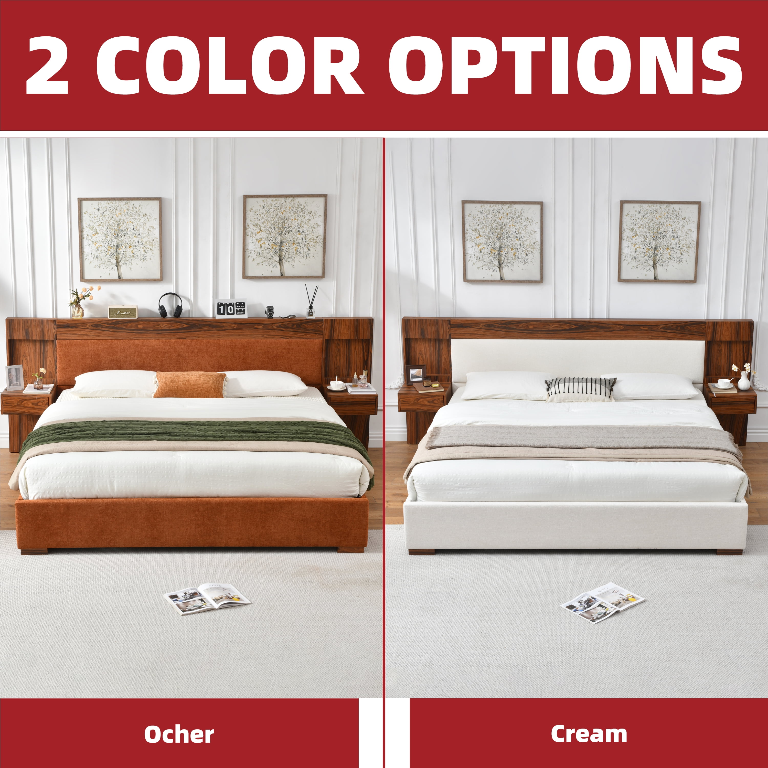 Queen Size Bed Frame with Storage Drawers & Built-in Nightstands, Wood Bed Frame with Linen Upholstered Headboard, No Box Spring Needed, Ocher