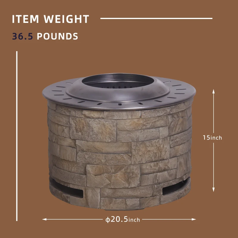 Afterglow Smokeless Fire Pit, 20.5" Round Wood Burning Stainless Steel Top & TerraFab Base, Firepit with Weather Cover Perfect for Outdoor Patio Garden, Dark Grey
