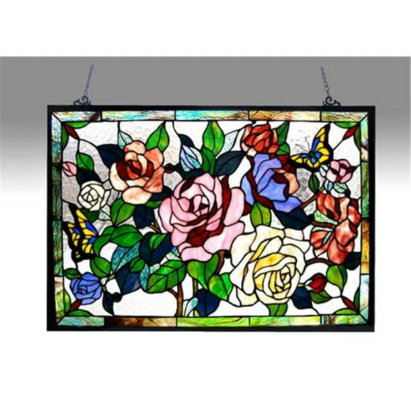 19 Inch Glass Window Panel with Rose Design, Multicolor