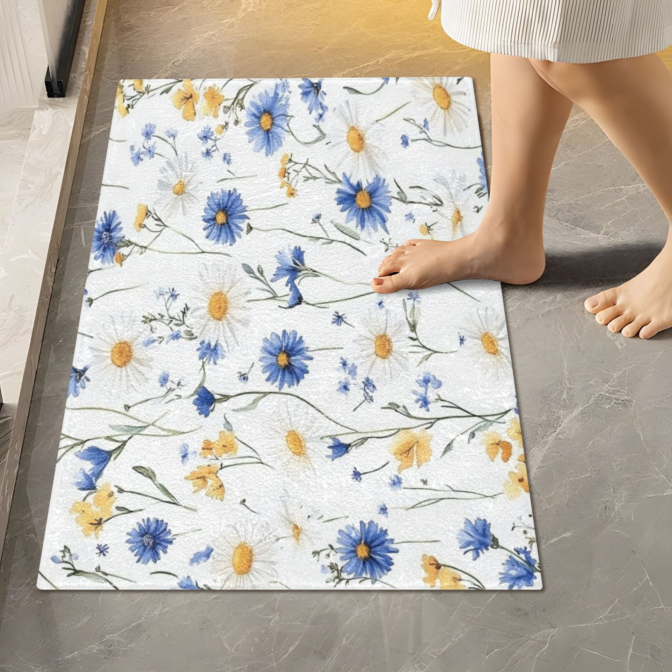2 Piece Soft Bathroom Rug Set Blue and Yellow Wildflowers Bath Mat and U-Shaped Toilet Contour Rug (16"x24"+20"x24")