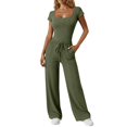thumbnail image 2 of Women's Ribbed Two Piece Set, Square Neck Crop Top and High Waist Wide Leg Pants Set, Casual Summer Outfit with Side Pockets, Fashion Two Piece Outfit for Going Out Outfits Army Green, 2 of 8