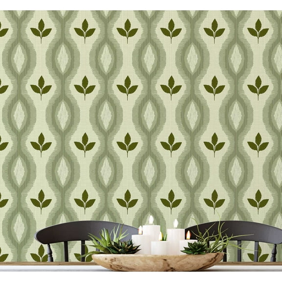 S4Sassy Modern Tribal Leaf Motif Wallpaper Green Walls Covering, 25" x 120" Self-Adhesive Vinyl Wall Paper, Decorative Wallwrap, Easy DIY Wall Covering For Bedroom, Cabinets, Living Spaces