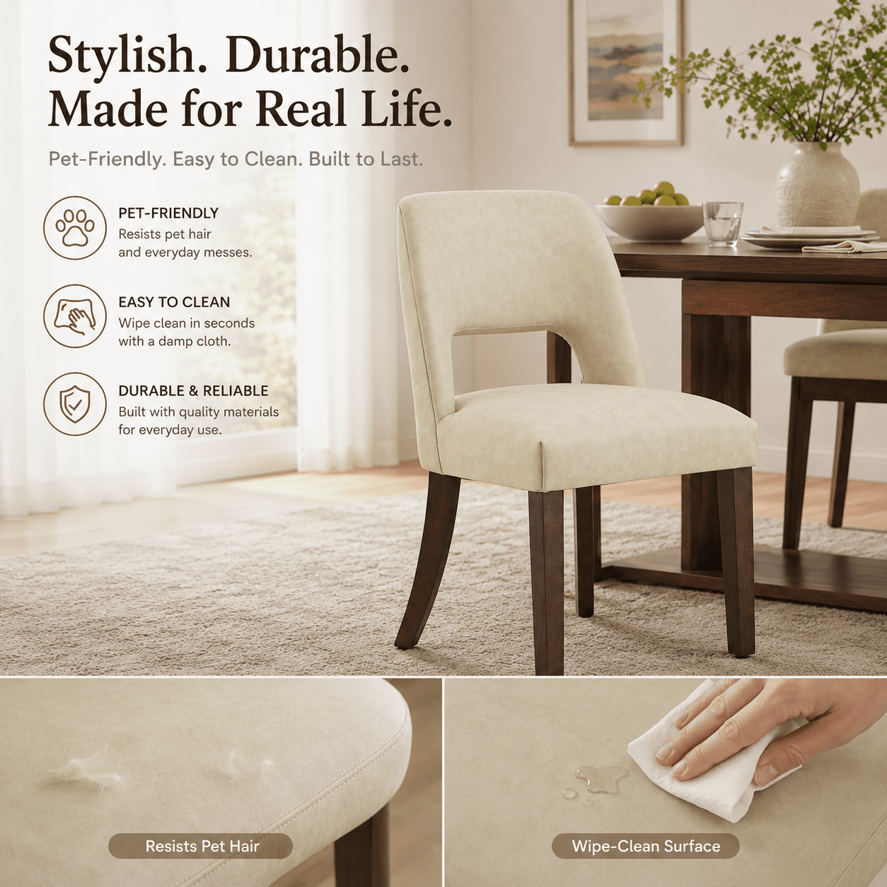 VKNOW Faux Leather 20.7" W Upholstered Dining Chairs Set of 2, Thick Foam Cushion Kitchen & Dining Room Chairs with Solid Wood Legs, Beige