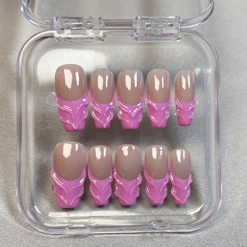 10pcs Pink French Press On Nails Nude Color Handmade False Nails With 3D Strip Designs Medium T Coffin Ballet Wearable Manicure