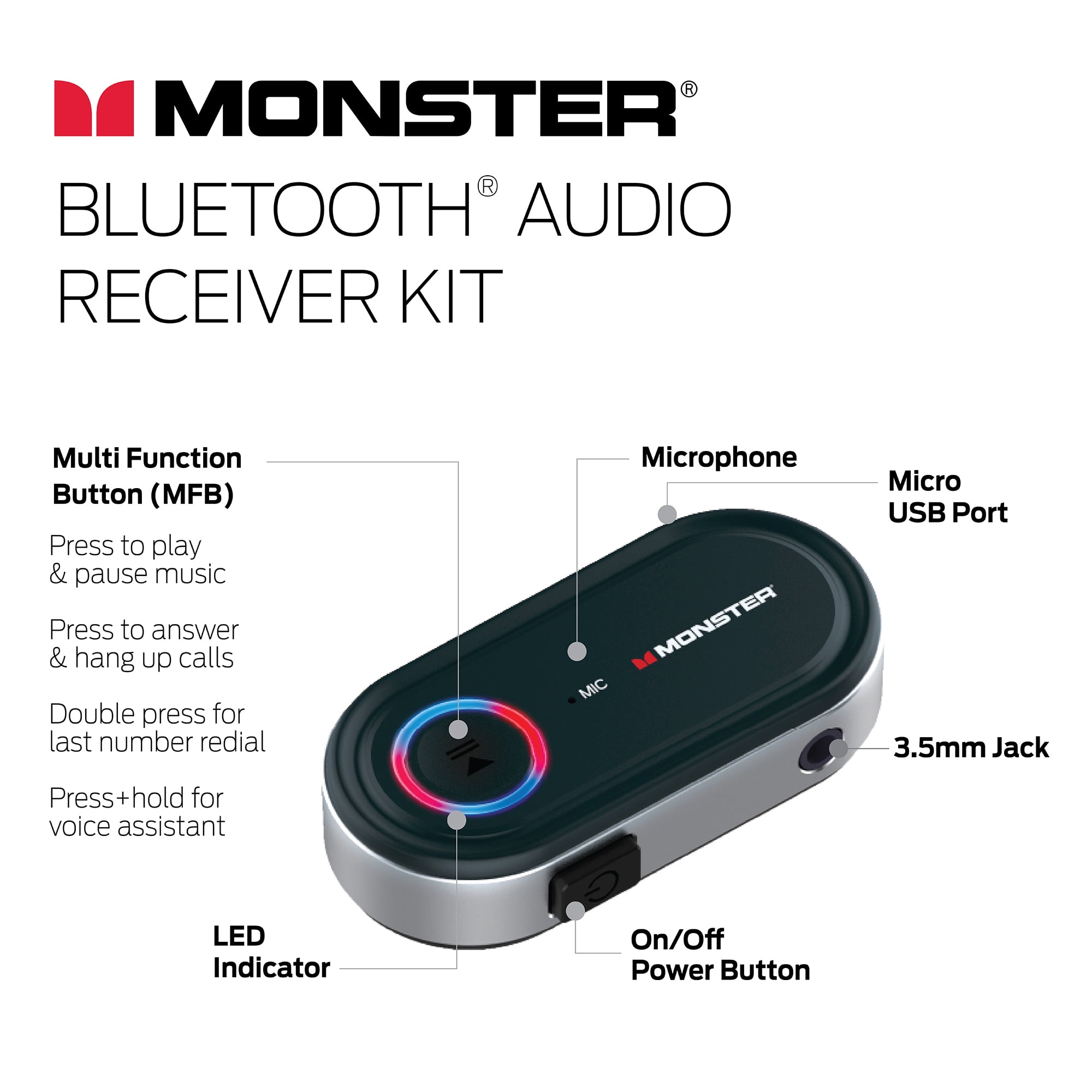 Kwijtschelding vrijwilliger Laat je zien Monster Audio Receiver, Bluetooth Auxiliary Audio Receiver with Voice  Control - Walmart.com
