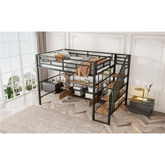 MAYEERTY Full Size Metal Loft Bed - Staircase, Low Storage Table & Storage Shelves, Black