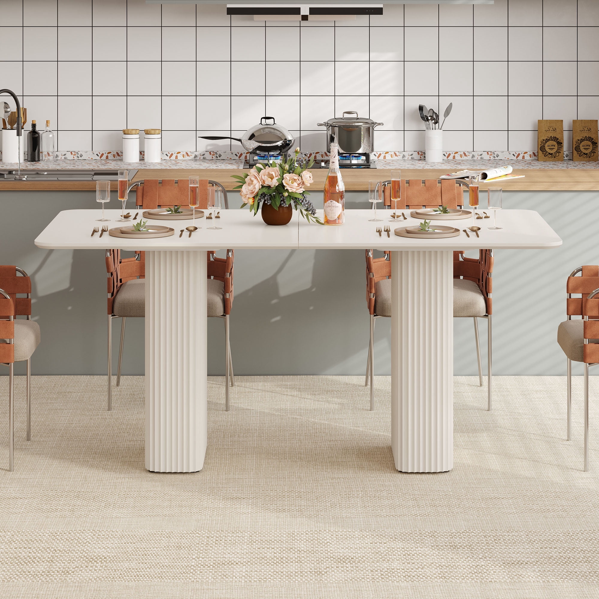Uforic 63 " Modern Dining Table with Curved Wave Legs, Cream White Rectangular Kitchen Table for 4-6 Person, Dining Room Table for Gathering, Kitchen, Dining Living Room
