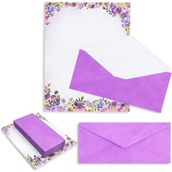Pipilo Press Purple Watercolor Floral Stationery Paper and Envelopes Set (8.5 x 11 In, 48 Pack) - Stationary Letter and Envelopes