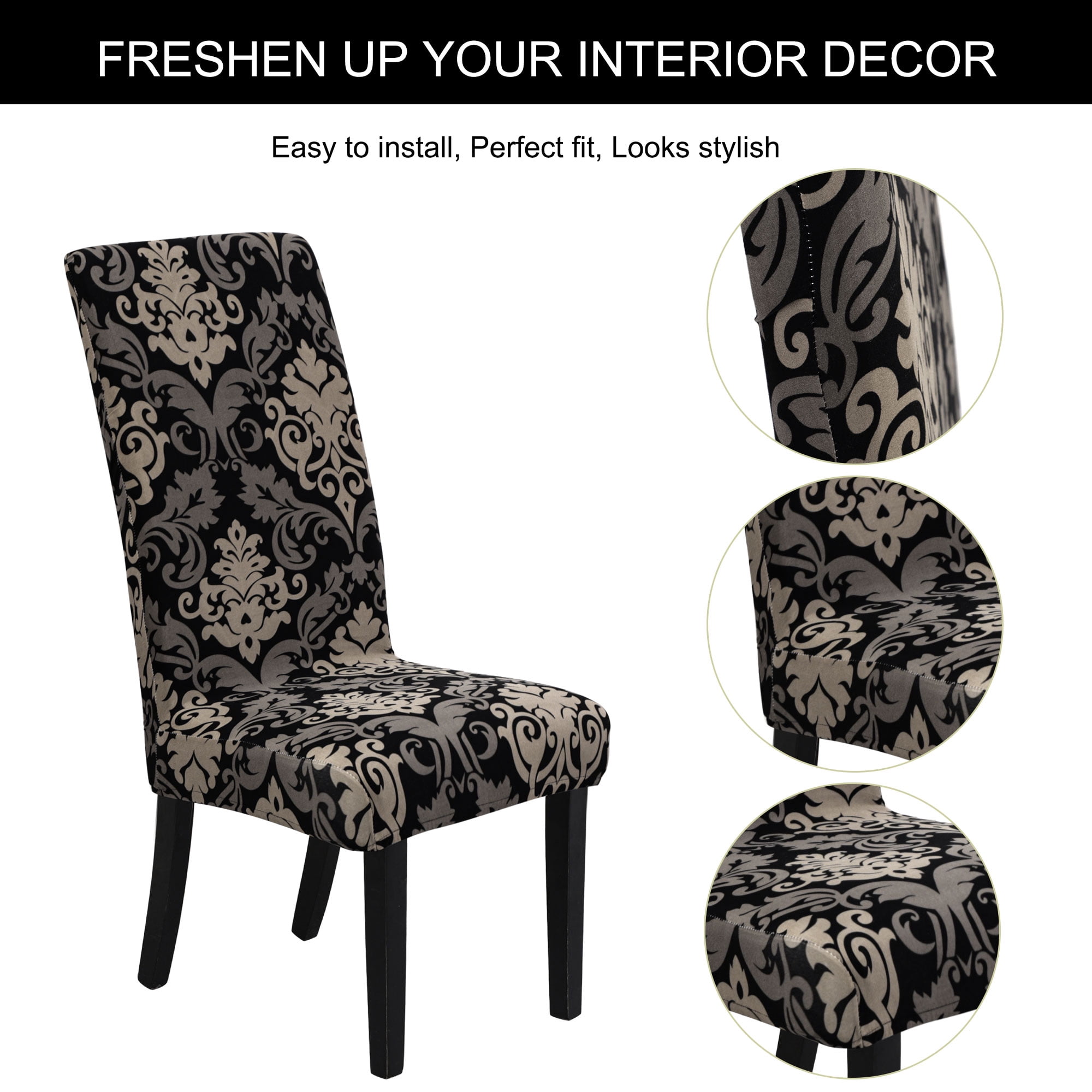 Unique Bargains Stretch Polyester Dining Chair Covers Set of 6, Black and Gray