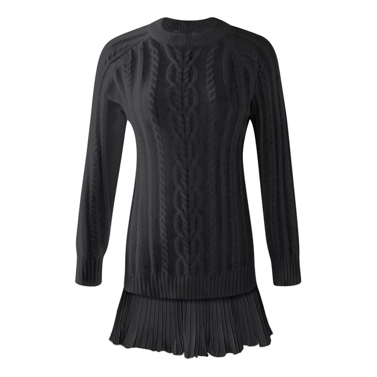 Letdown Womens Sweater Dress Cable Knit Sweater Dress Crewneck Long Sleeve  Pleated Mini Dress Twofer Style Patchwork Dress Black, XXL - Walmart.com