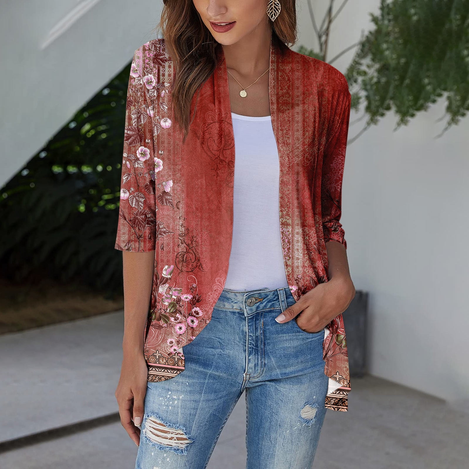 TQWQT Sheer Cardigans for Women Summer 3/4 Sleeve Open Front