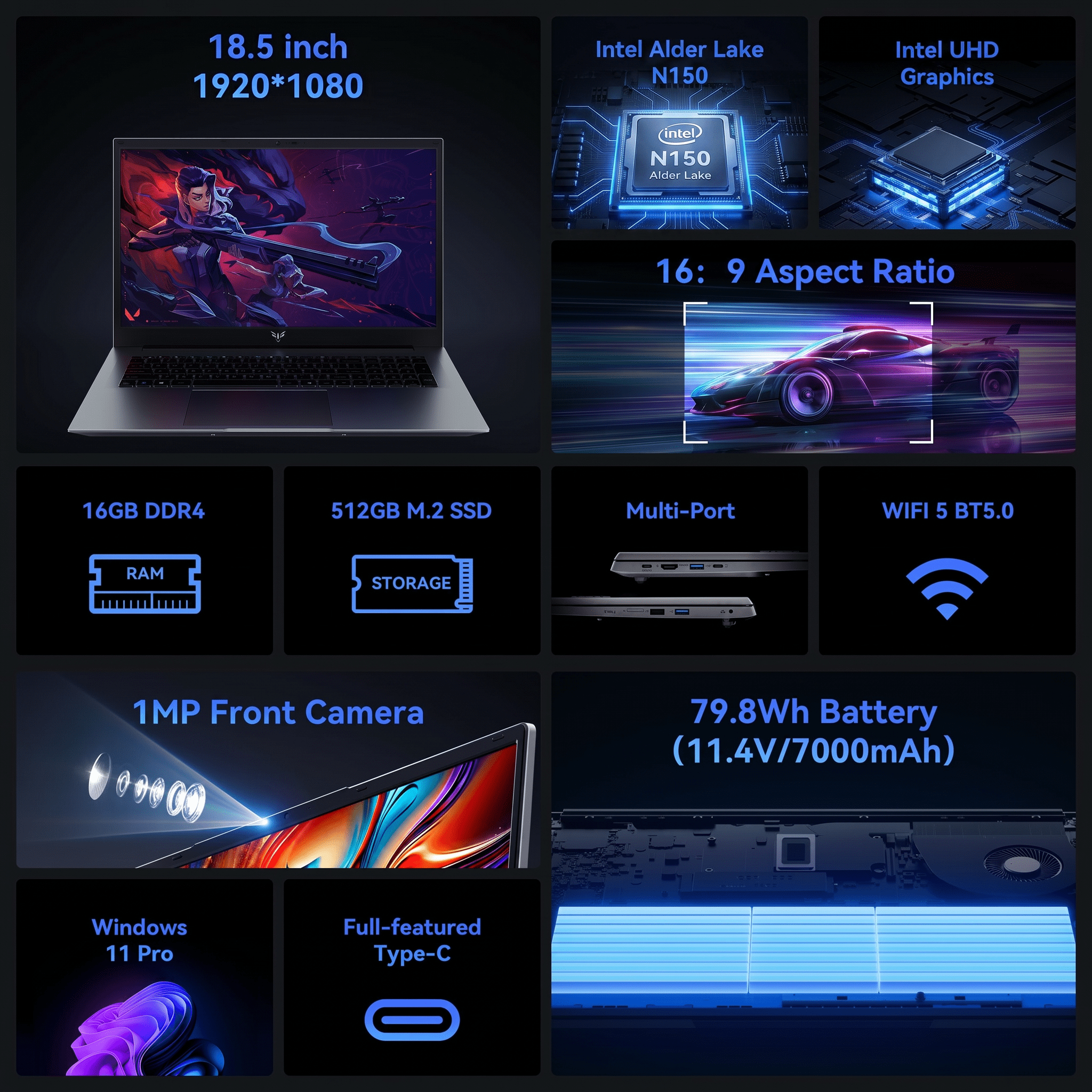 Laptop 18.5" FHD AX18 Laptop Intel Alder Lake N150 16GB DDR4 512GB SSD 18.5" FHD Windows 11 Pro WiFi 5,Gray