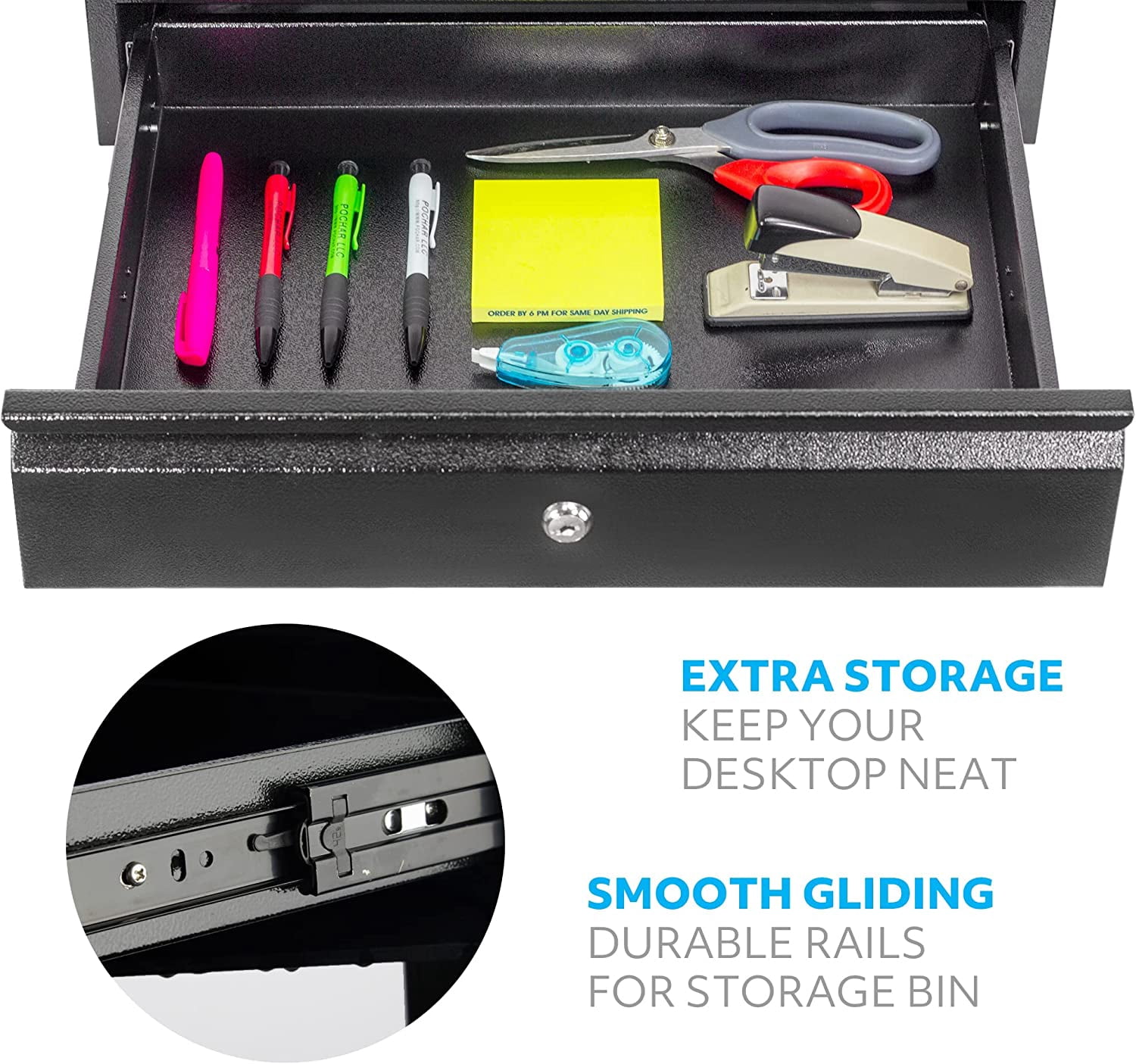 POCHAR 17.75" Steel Under Desk Drawer Slide Out with Lock - Attachable Desk Drawer - Locking Undermount Drawer Slides for Home Office