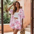 thumbnail image 3 of FKEKYI Womens 2 Pcs Short Set Open Front Shirt Top Summer Outfits Shorts with Elastic Waist Pink Hibiscus Floral Leaf Print Beachwear Breathable Lounge Set Resort Wear, S, 3 of 7