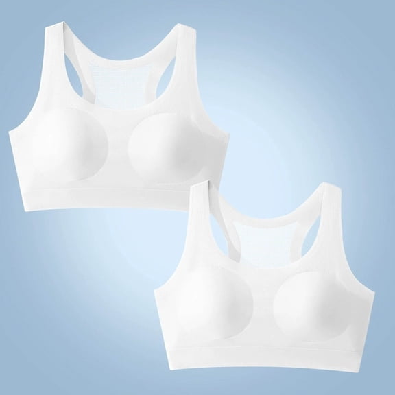 Bras for Teen Girls 2pc Student Girls Underwear Bras Teen Girls Wireless Seamless Bra with Pad Training Sports Cropped Tops White 13-15Y