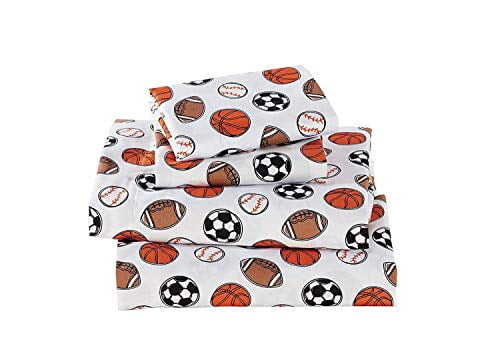 Elegant Home Multicolor Patchwork Sports Basketball Football Baseball Design 4 Piece Printed Full Size Sheet Set with Pillowcase Flat Fitted Sheet for Boys Kids/ Teens # Patchwork Full