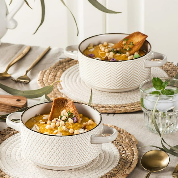 27 Oz Embossed Ceramic Soup Bowls Set with Handles - Microwave Oven Dishwasher Safe - Set of 4