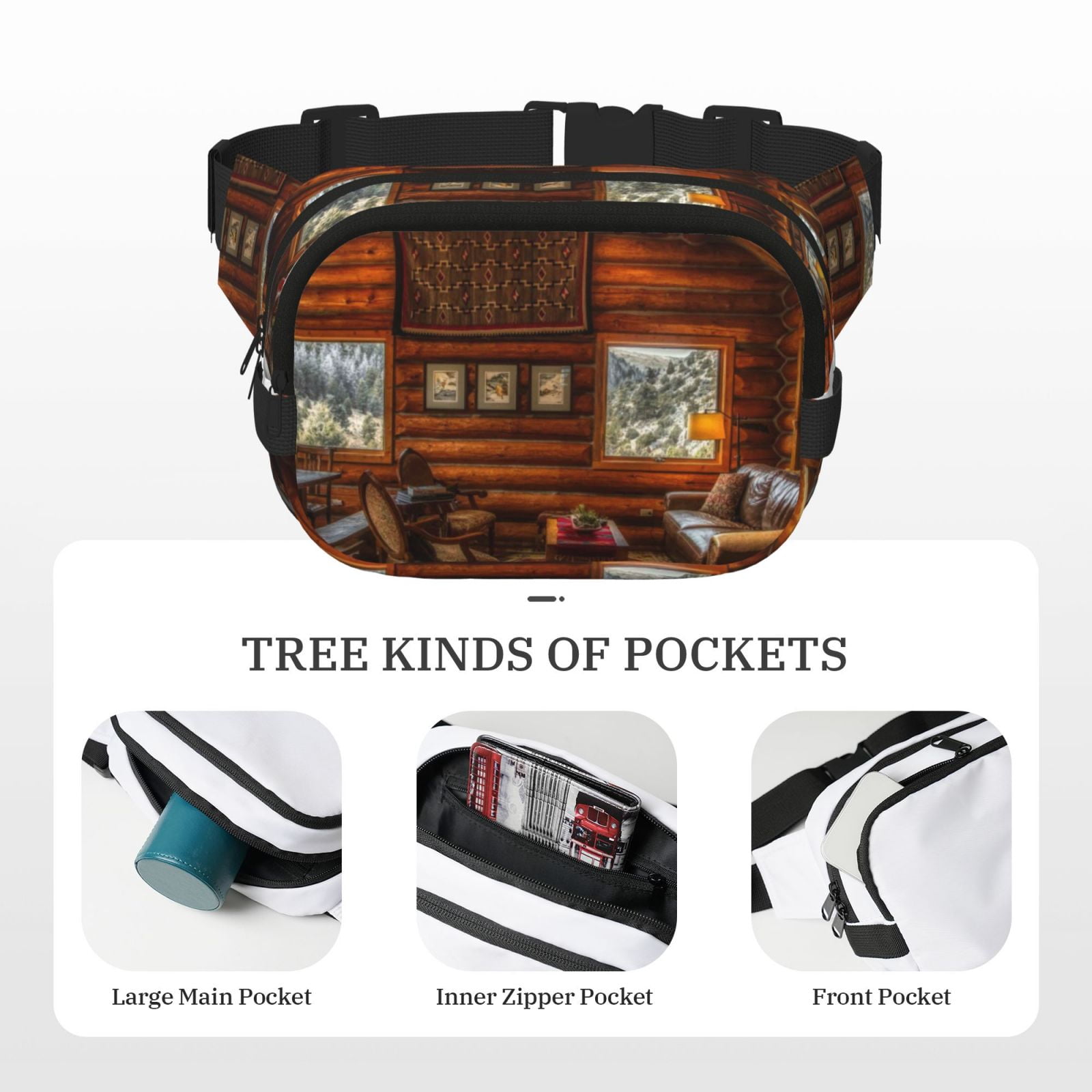 Hirioo Log Cabin Inside for Double Layer Waist Bag Adjustable Fanny Pack For Travel Running Hiking