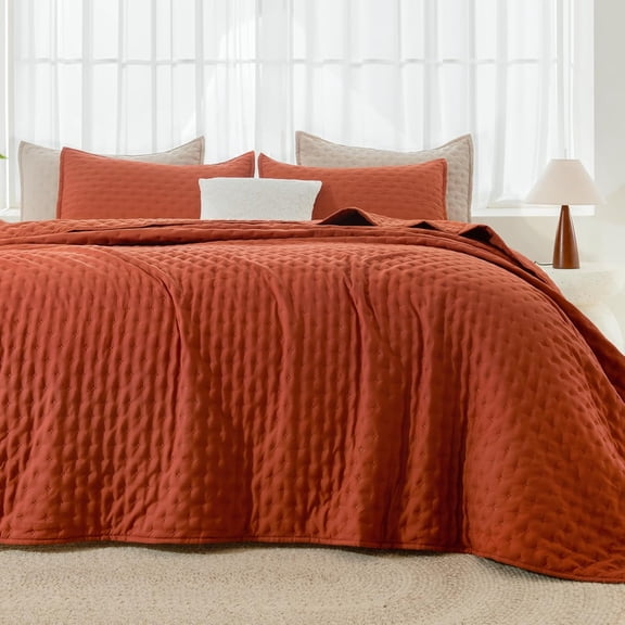 California King Size Quilt Bedding Set (112x104 Inch), 3 Pieces Burnt Orange Soft Lightweight Bedspread Coverlet, Terracotta Boho Summer Quilt Cal King for All Season