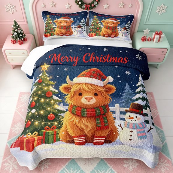 Erosebridal Colorful Highland Cow Quilt Full,Retro Christmas Lights Full Bedspread Sets,3pcs,1 Coverlet and 2 Pillowcases