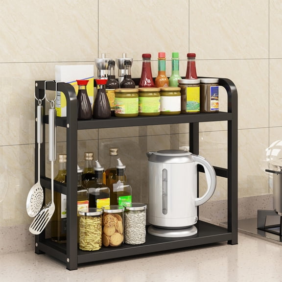 Halons Kitchen Storage Rack - Metal Two Tier Kitchen Rack, Spice Rack Organizer & Countertop Shelf, Black/Khaki/White, Household Item Storage (16.5x13.8x5.5in)