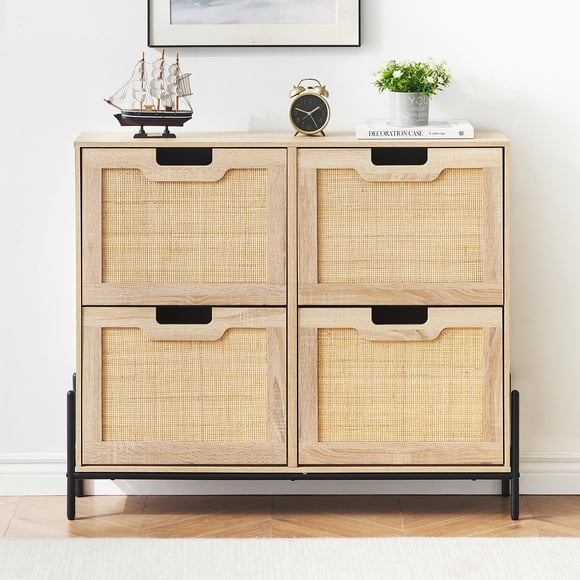 Eastvita Freestanding Shoe Cabinet with 4 Flip Drawers - Rustic Oak Rattan Hidden Shoe Rack for Entryway or Hallway