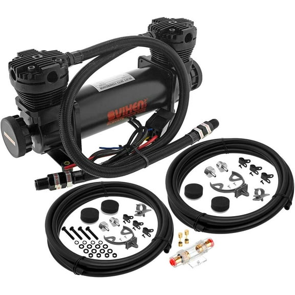 Vixen Air 300 PSI Dual Cylinder Heavy Duty Suspension/Bag/Train Horn Air Compressor with 3/8" NPT Stainless Steel Braided Hoses and 3/8" NPT Check Valves 12V Black VXC880B