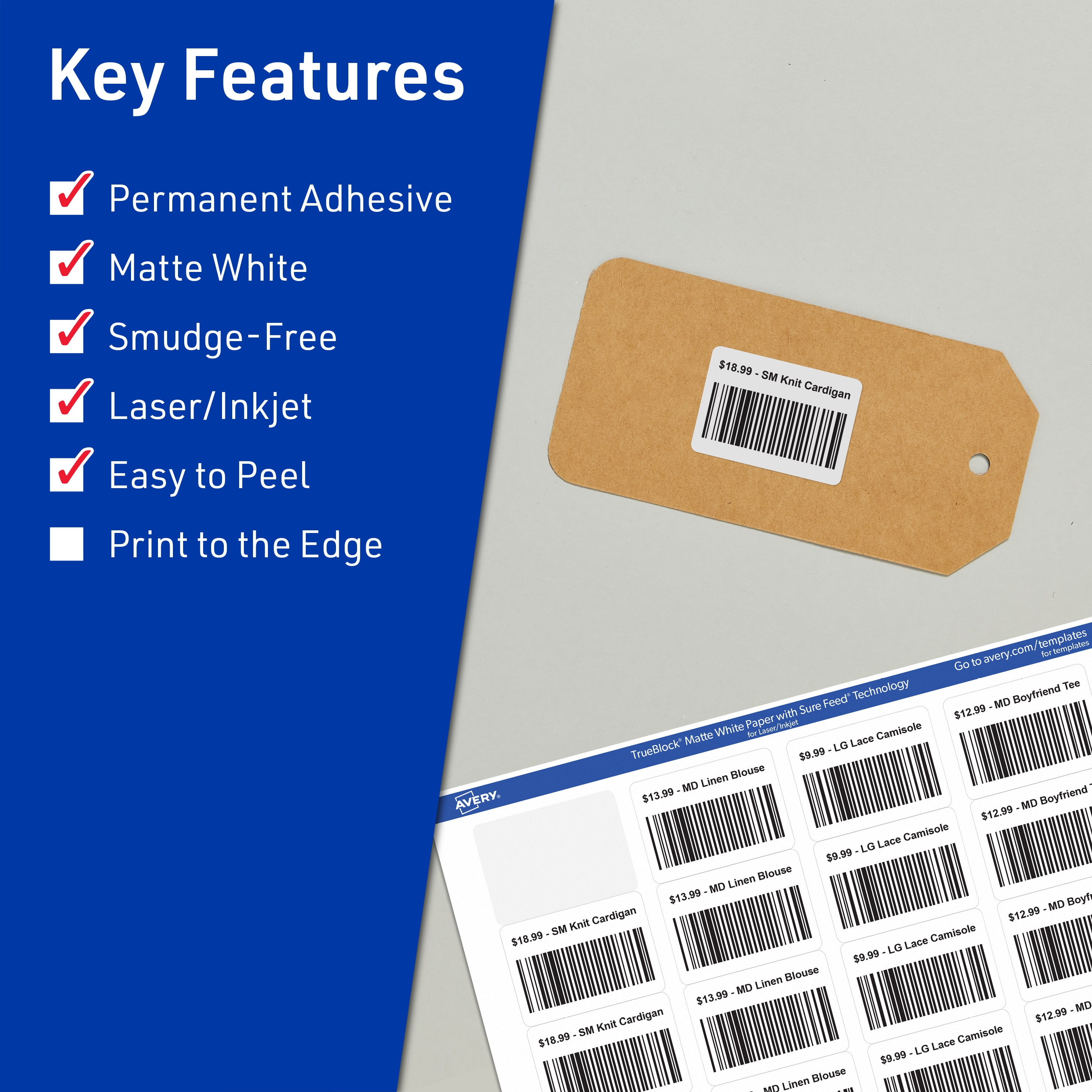 Avery TrueBlock Rectangle Labels, 1.25" x 1.75", 800ct