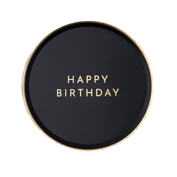 Bonjour Fête Black and Gold HBD Small Paper Dessert Plates, Disposable Party Supplies, 8 Count, 8 Inch, Birthday Party