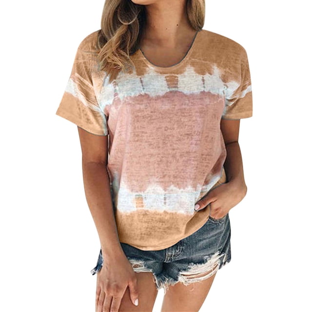 Innerwin Tops Crew Neck Women T Shirt Summer Color Block Bohemian Tee Khaki M