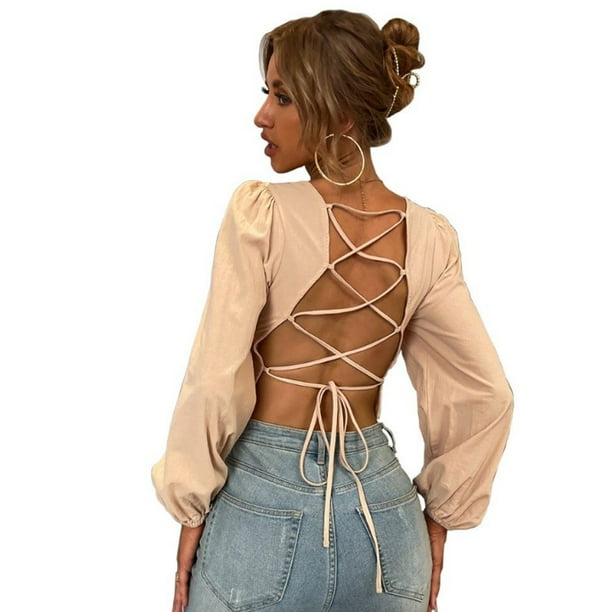 Blusa sexy de manga larga con cuello redondo y espalda descubierta para mujer, color sólido, informal, con lazo cruzado en la espalda