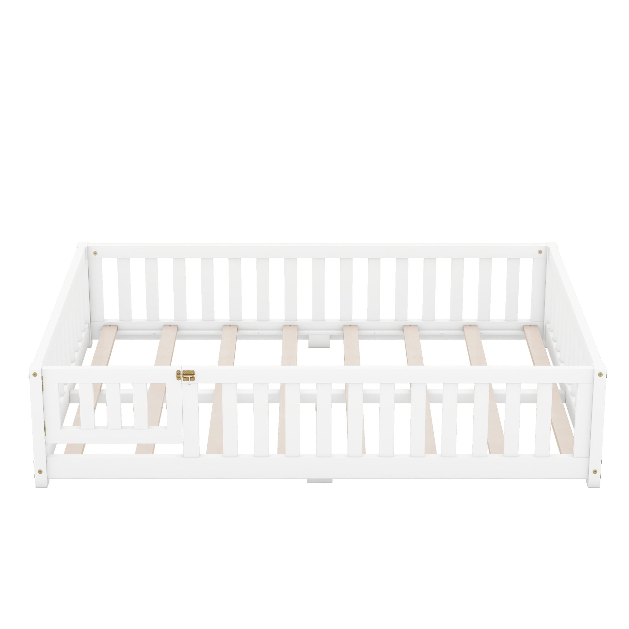 DEALTOPS Full Size Floor Bed with Safety Guardrails and Door Montessori Wood Bed Frame for Kids, White