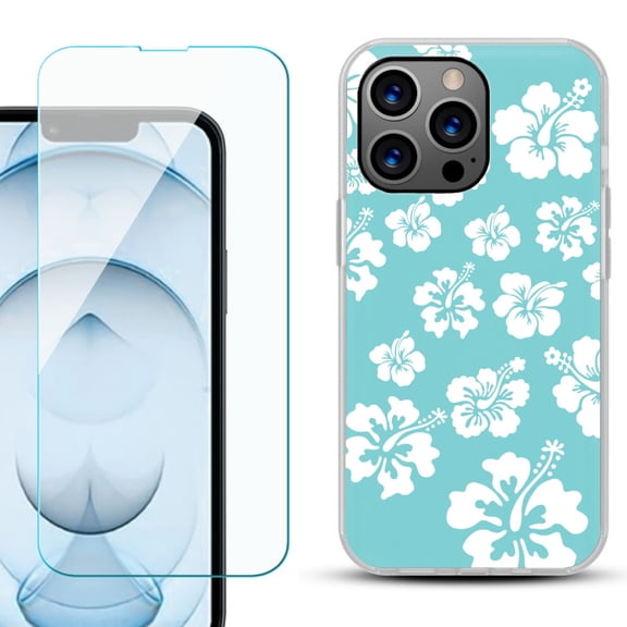 Slim-Fit Gel TPU Phone Case for iPhone 13 Pro Max, with Tempered Glass Screen Protector, by OneToughShield ® - Hibiscus Teal