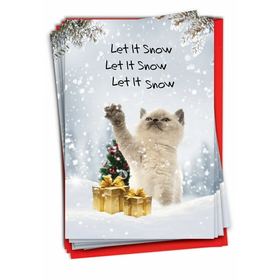 12 Funny Christmas Greeting Cards (1 Design, 12 Cards) - Cat Snow Celebration