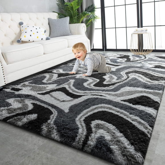 Alfombra TWINNIS 152x244 cm, antideslizante, suave, felpa, gris y negro