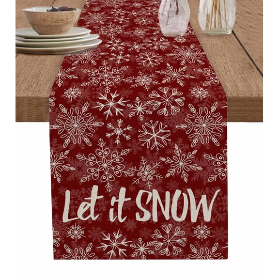 Christmas Snowflakes Table Runner 72 Inches, Winter Xmas Flower Textured Red Bed Runner Dresser Scarves Tabletop for Indoor Outdoor Parties/Ceremony/Banquet, 16" x 72"