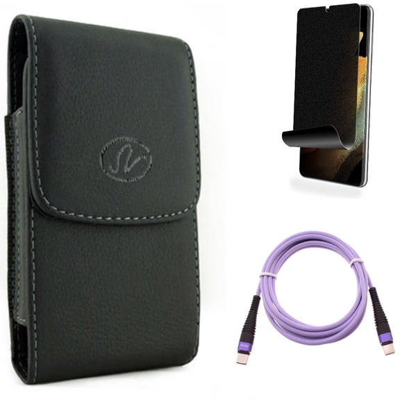 Purple 10ft PD Cable & Case Belt Clip & Privacy Screen Protector for Samsung Galaxy S22 Plus (S22 ) - Combo Type-C to USB-C Fast Charger Cord Extra Long & Leather Holster Cover & TPU Film