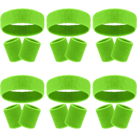 18 Pcs Sweatbands Headband Wristband Set Colorful Striped Terry Cloth Sports Athletic Gym 80s Sweat Headbands Wrist Bands (Green)
