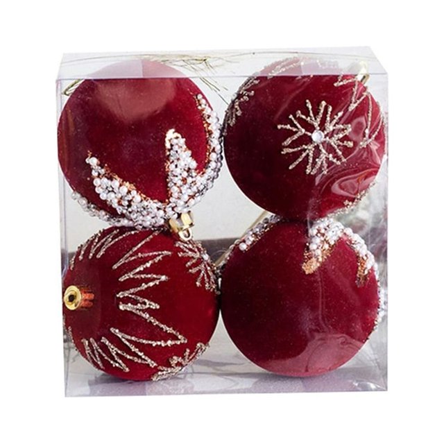 4 Pcs Boules de Sapin de Noël Ornements Perles Floquées Ensemble de Boules de Noël Boules Rouges Incassables Décoration d'Arbre Suspendu