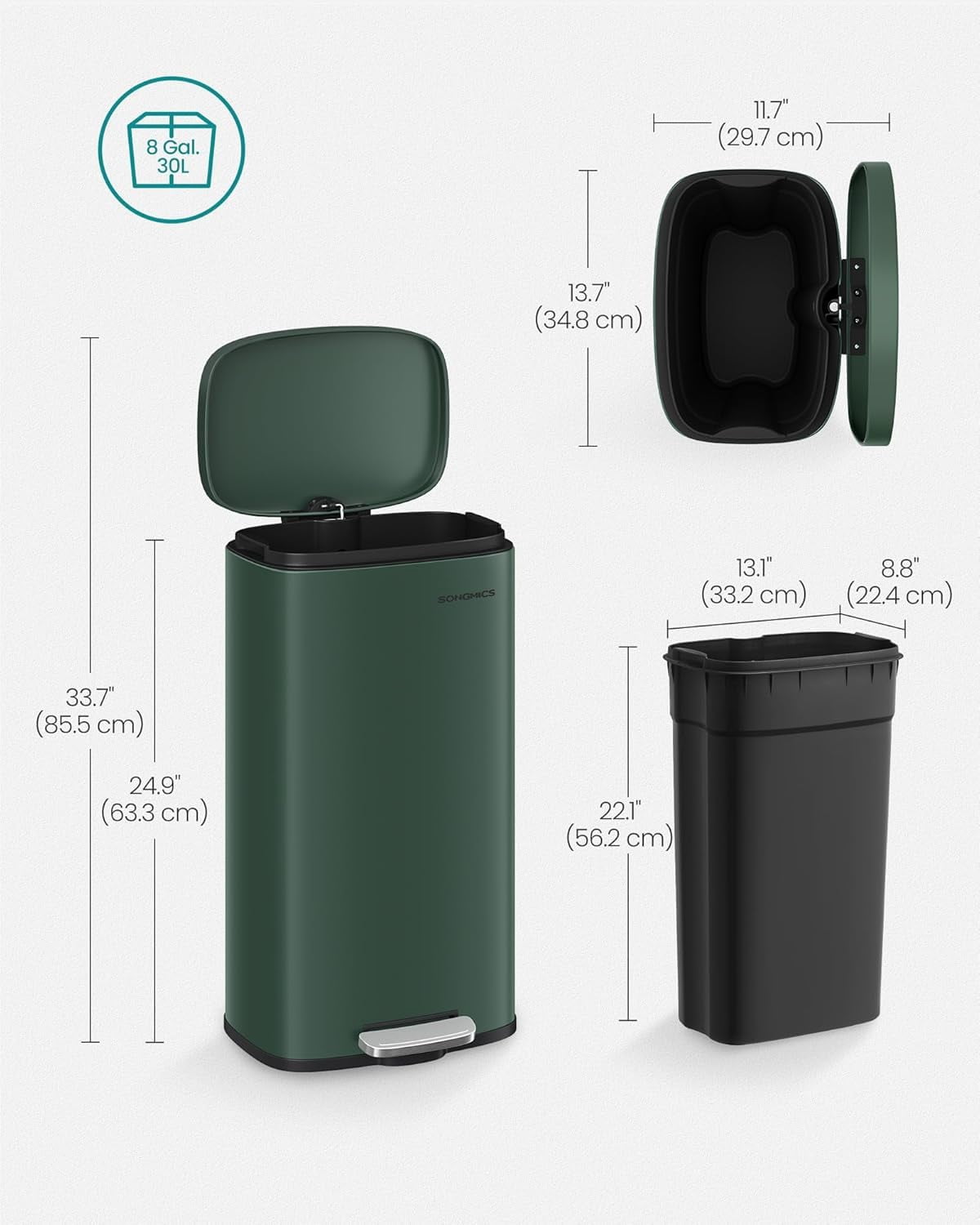 Trash Can with Lid, 8 Gallon Garbage Can, Stainless Steel Small Waste Bin with Step Pedal and Inner Bucket, Soft Close, Kitchen