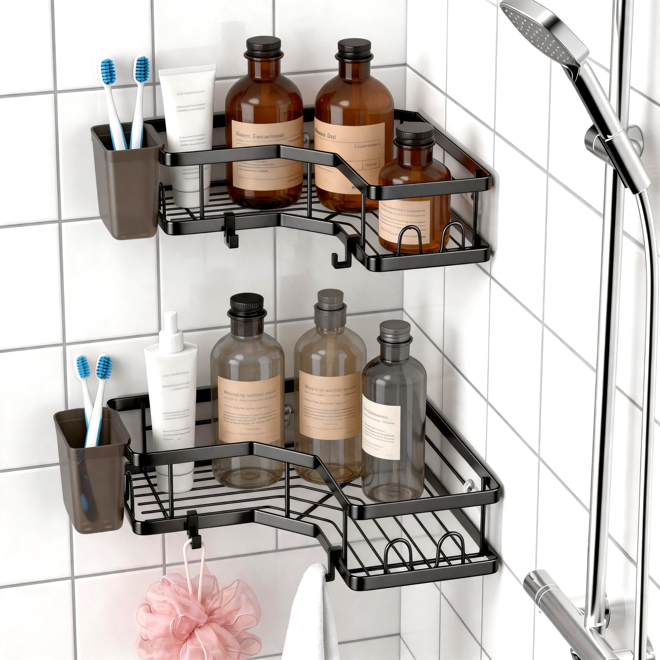 Corner Shower Caddy, 2 Pack Adhesive Shower Organizers with Hooks & Toothpaste Holder, Rustproof Metal Shower Shelves, No Drilling Bathroom Organizers and Storage Racks