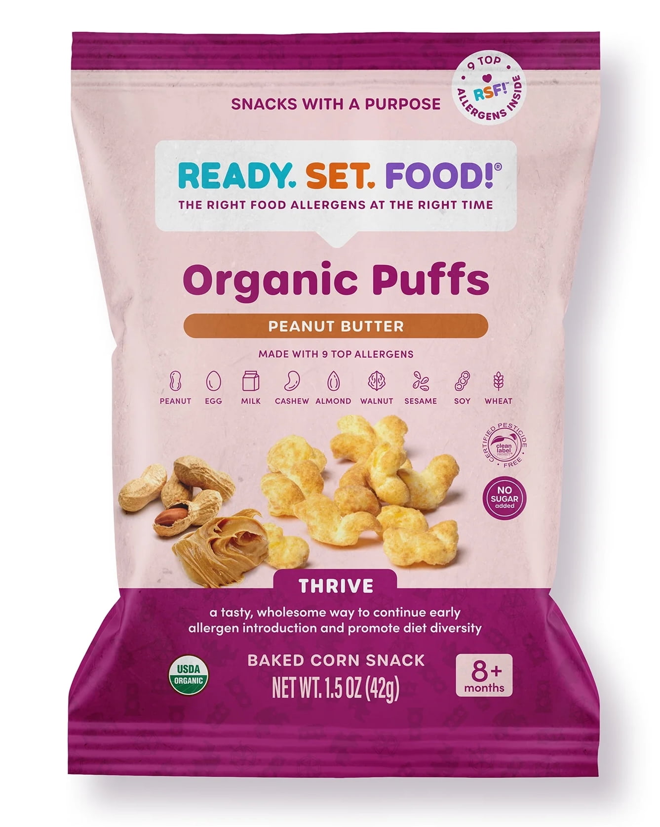 (6 pack) Ready, Set, Food! Organic Peanut Butter Baby Puffs with 9 Top Allergens, Baby & Toddler Food
