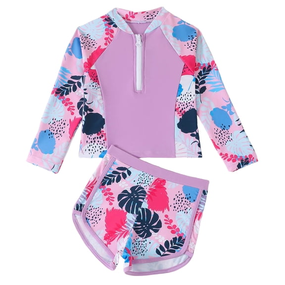 vigerkar 2PCS Girls Long Sleeve Swimsuit Rashguard Tankini Set Kids Swimwear Zipper 4-7 T (Purple, 6-7 Years)